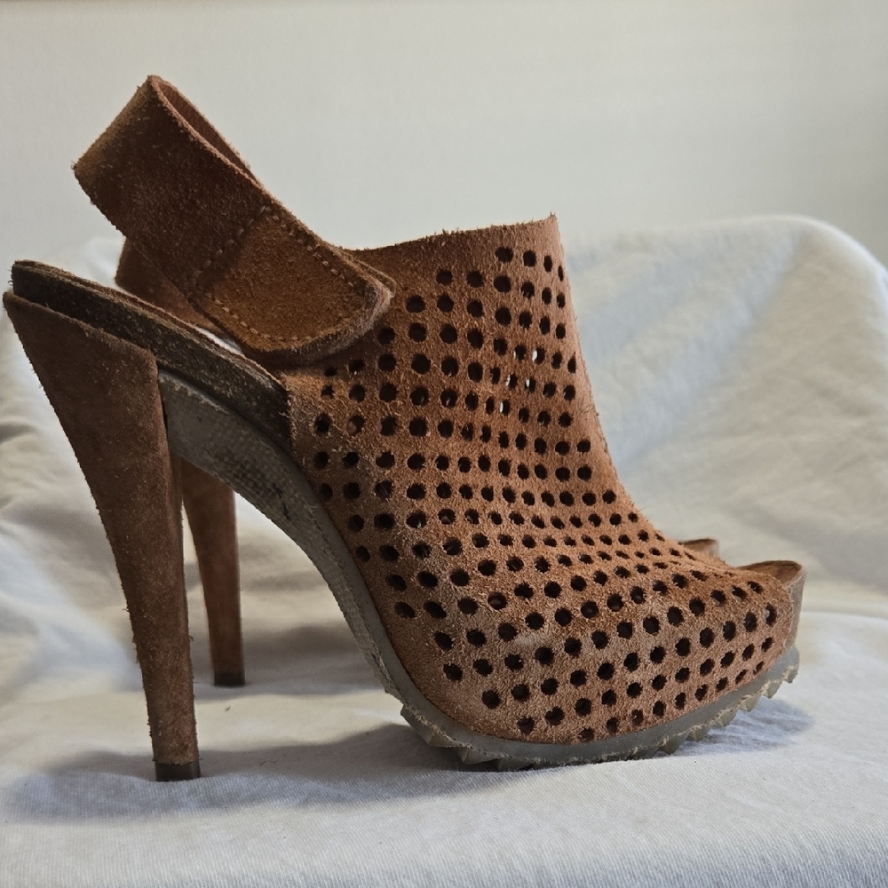 Pedro Garcia Perforated Brown Suede Peep-Toe Heels Size 37